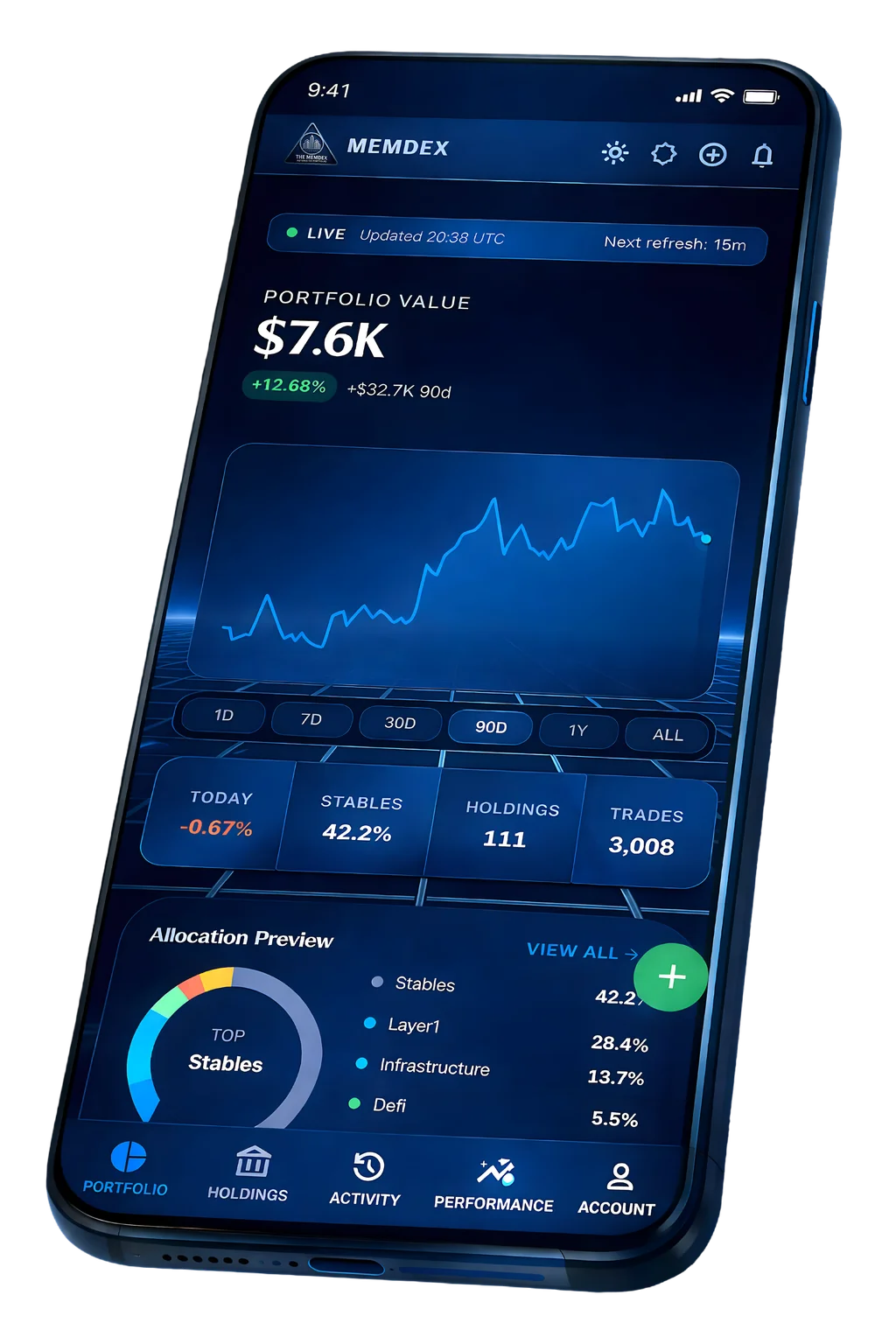 MemDex mobile app showing portfolio with logo